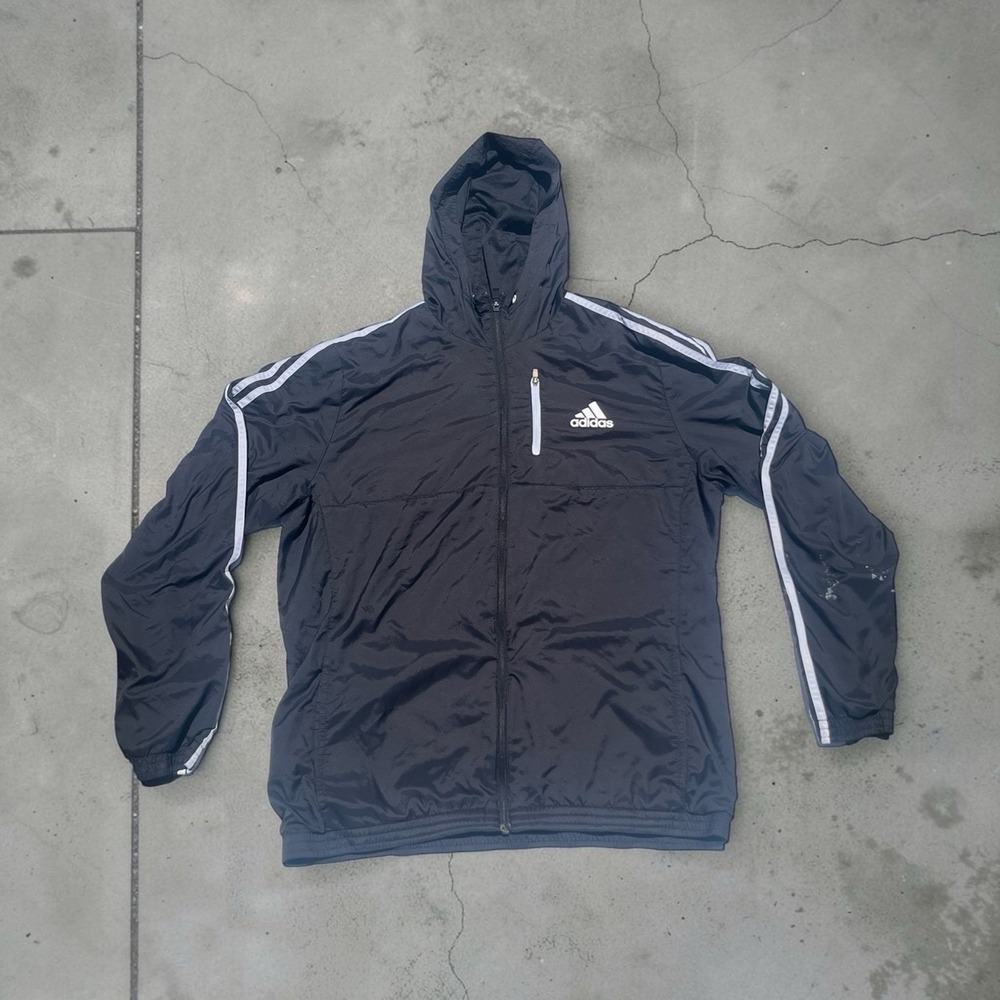 Adidas Black Long Sleeve Zip Up Hoodie Track Jacket Windbreaker Mens L